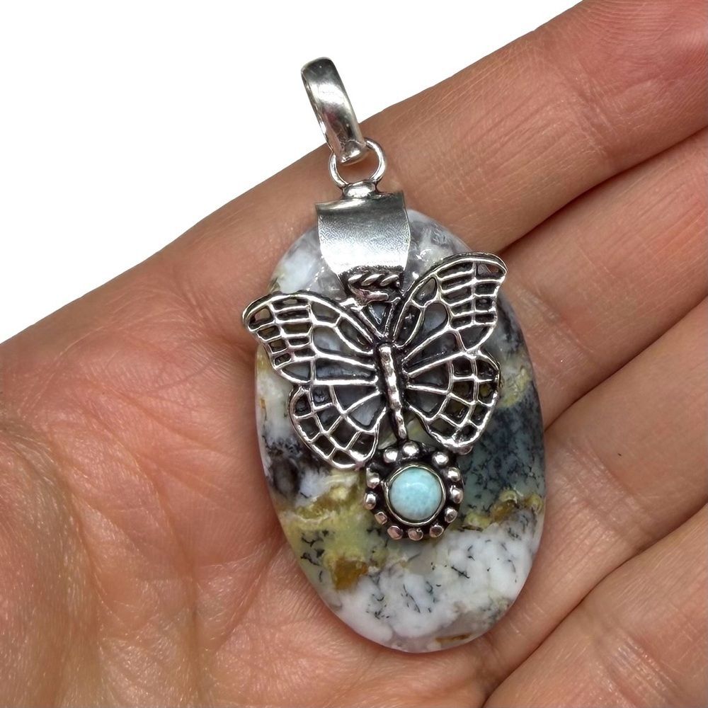 Dendritic Opal & Larimar Butterfly Necklace Pendant 925 Sterling Silver Overlay - Picture 2 of 4